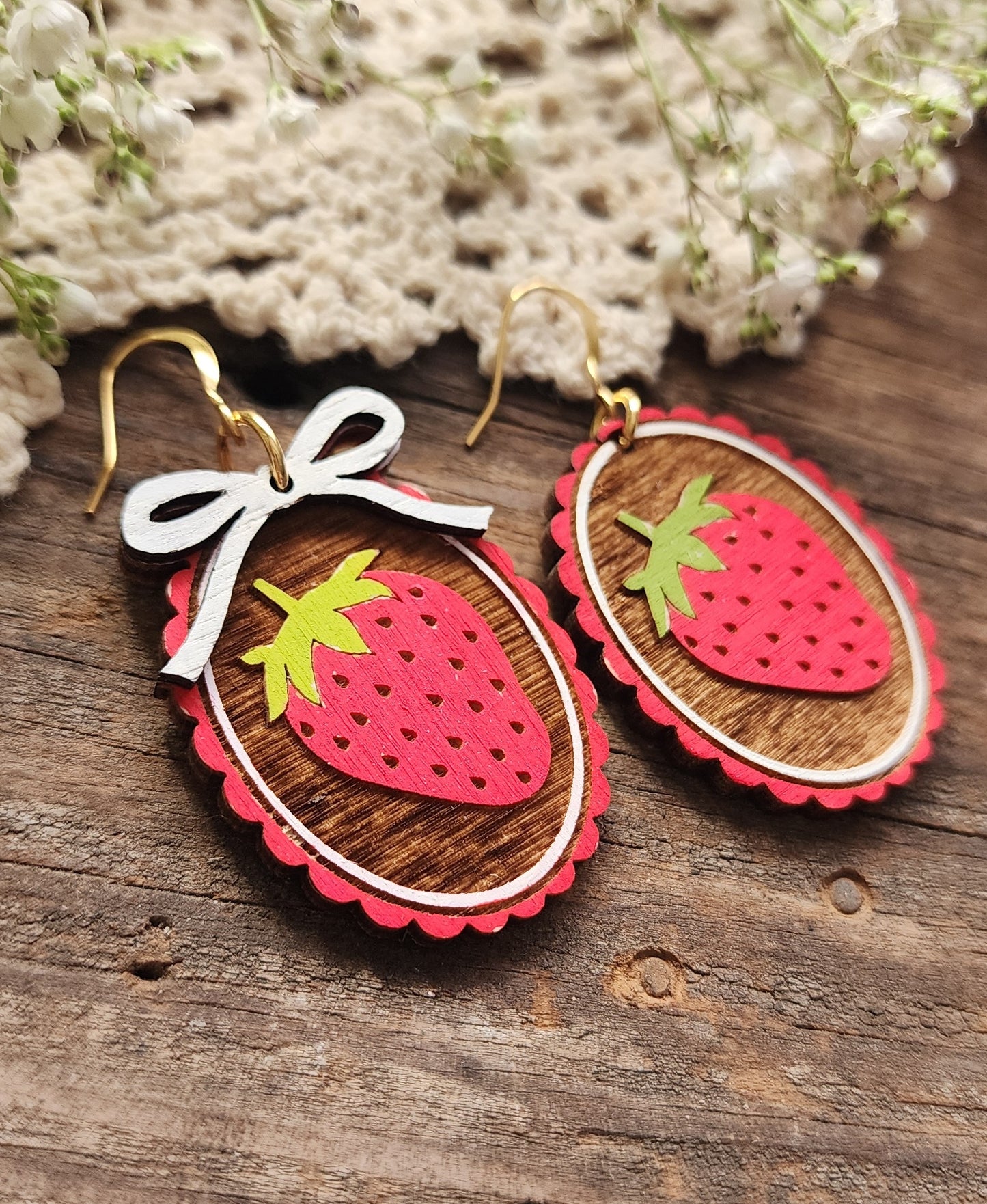 Wood Strawberry Earrings, Spring Earrings, Lightweight Jewelry