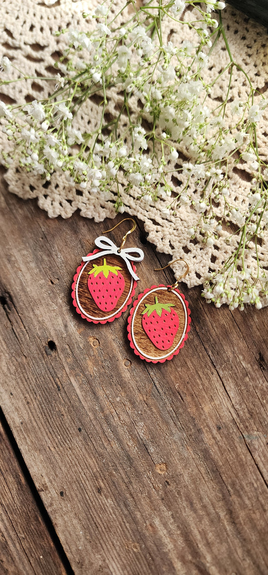 Wood Strawberry Earrings, Spring Earrings, Lightweight Jewelry