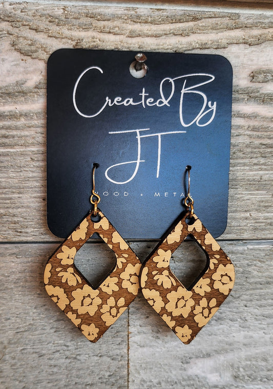 Diamond Tan Flower Wood Earrings