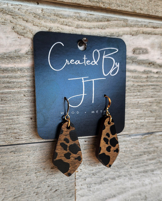 Black Cow Print Wood Dangle Earrings