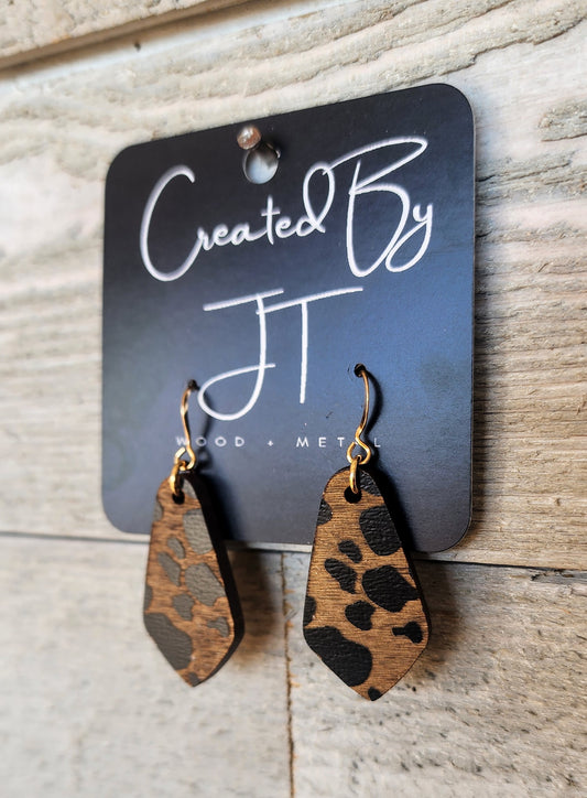 Black Cow Print Wood Dangle Earrings