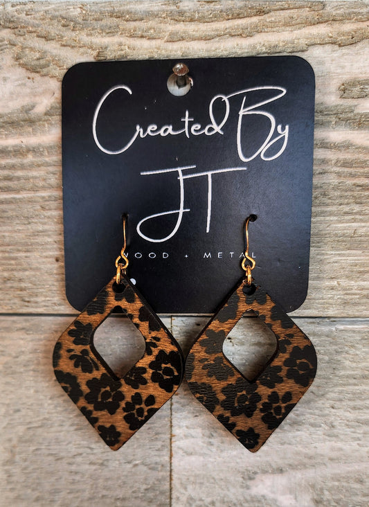 Black Flower Diamond Shape Wood Earrings