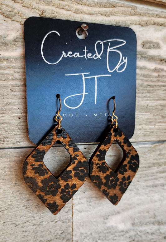 Black Flower Diamond Shape Wood Earrings