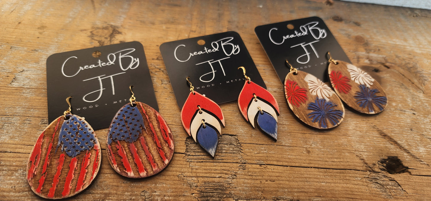 USA American Flag Earring, Army Stars and Stripes Earring, 4th Of July Wood Earring
