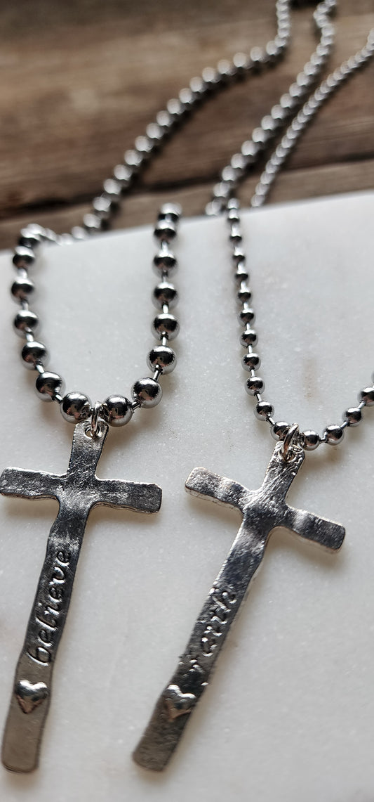 Faith/Believe, Silver, Cross, Ball Chain Necklace