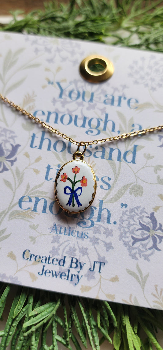 Gold Plated Enamel Flower Oval Pendant Necklace