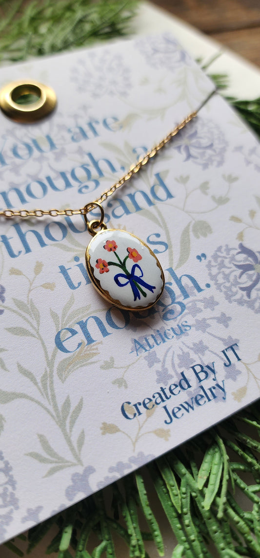 Gold Plated Enamel Flower Oval Pendant Necklace