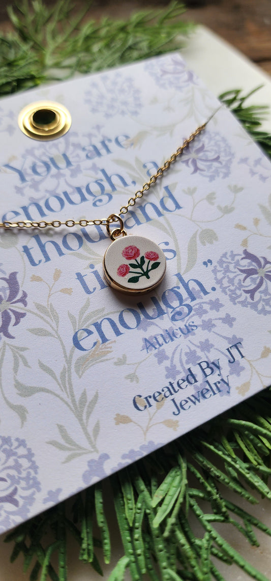 Gold Plated Enamel, Flower Circle Pendant Necklace