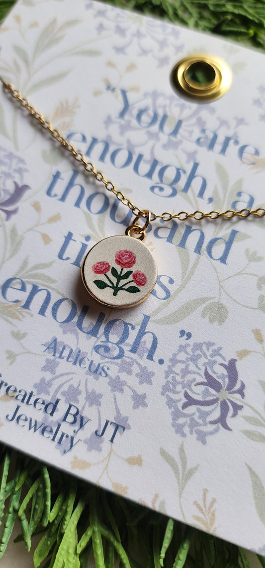 Gold Plated Enamel, Flower Circle Pendant Necklace