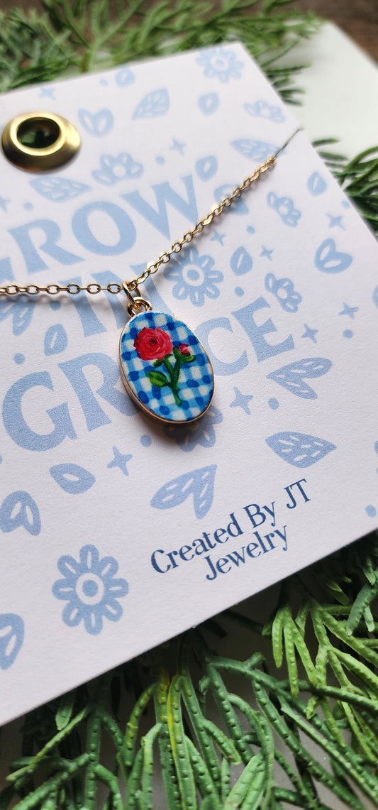 Enamel Gold Plated Rose Flower Pendant Necklace