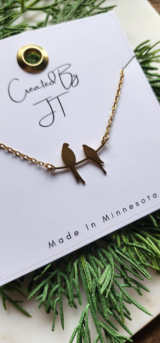 Gold Plated Stainless Steel Two Birds On A Branch Necklace
