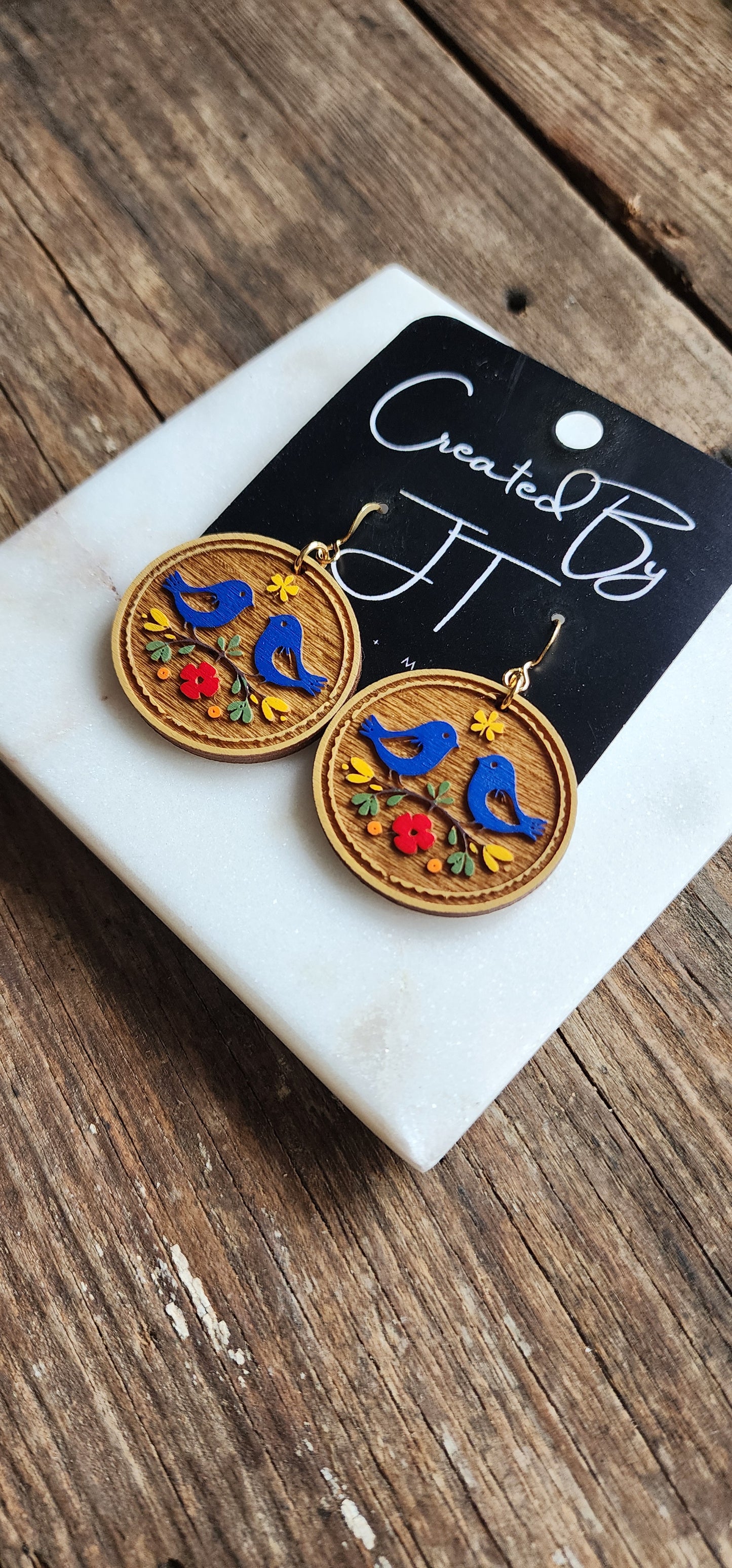 Folk Art Wooden Bird Earrings, Lightweight Earrings