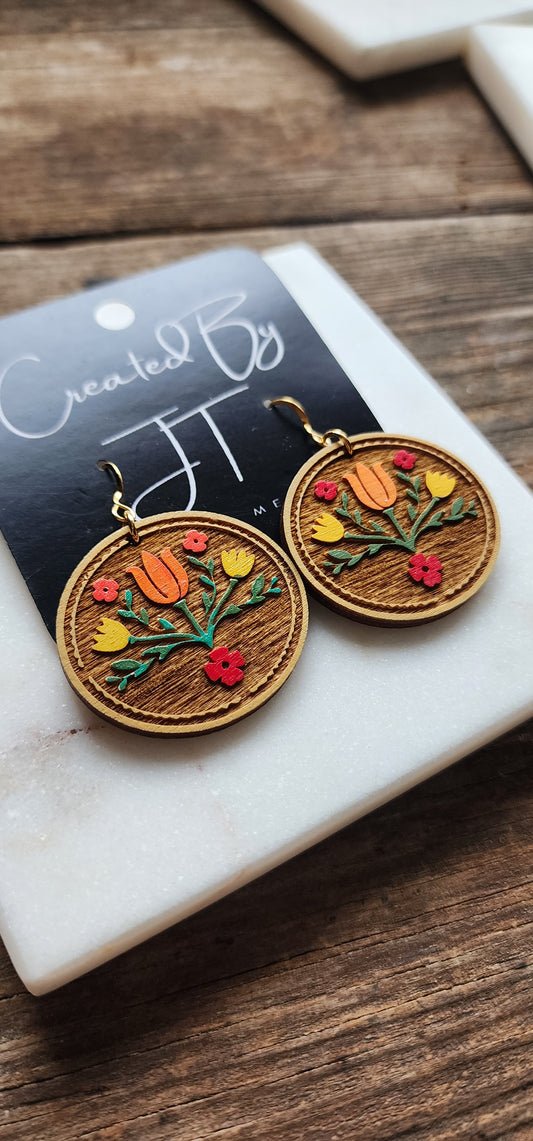 Tulip Folk Art, Wooden Earrings