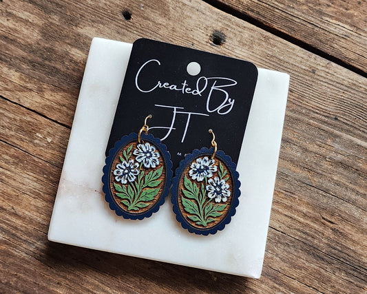 Blue Folk Art Flower Earrings, Wooden Lightweight Earrings