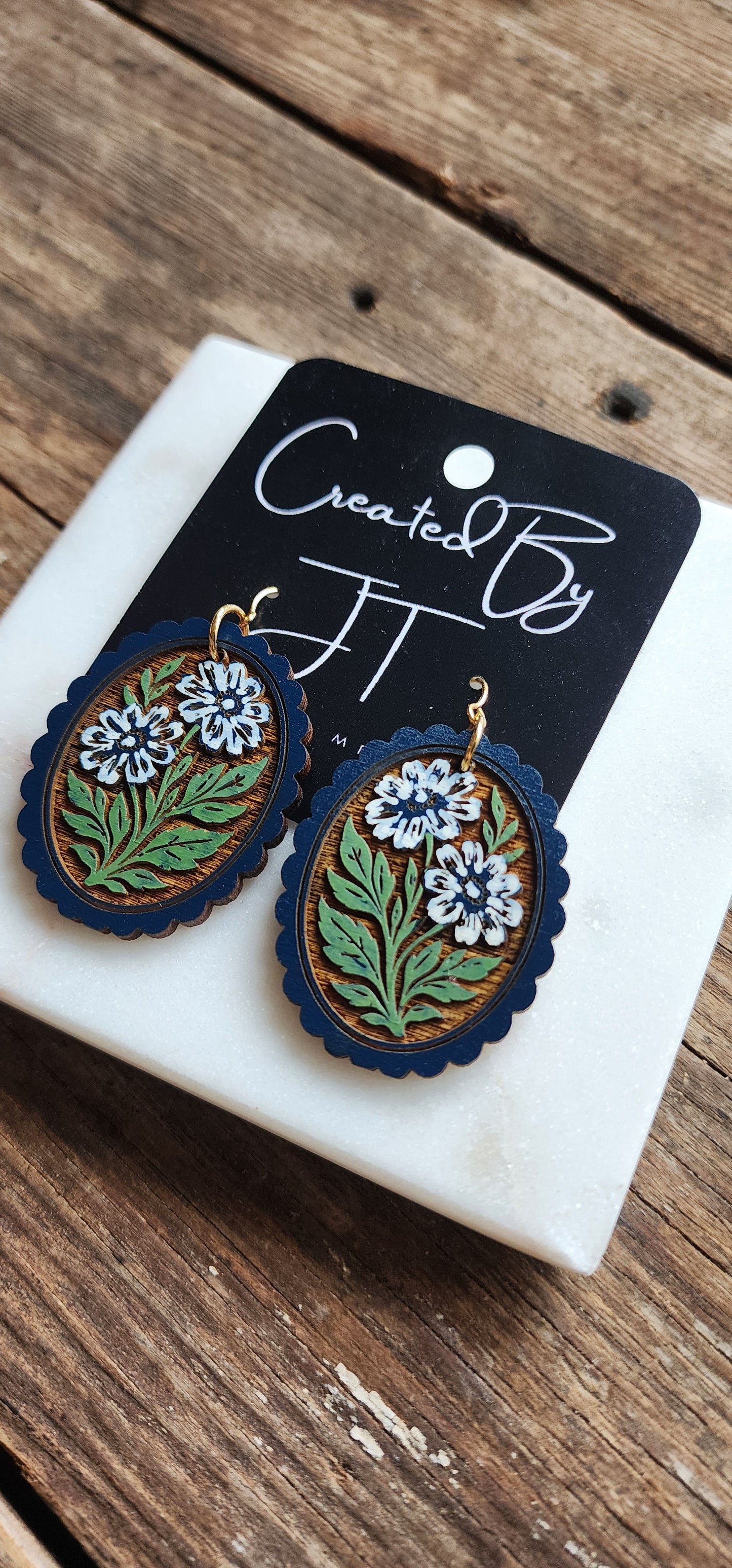 Blue Folk Art Flower Earrings, Wooden Lightweight Earrings