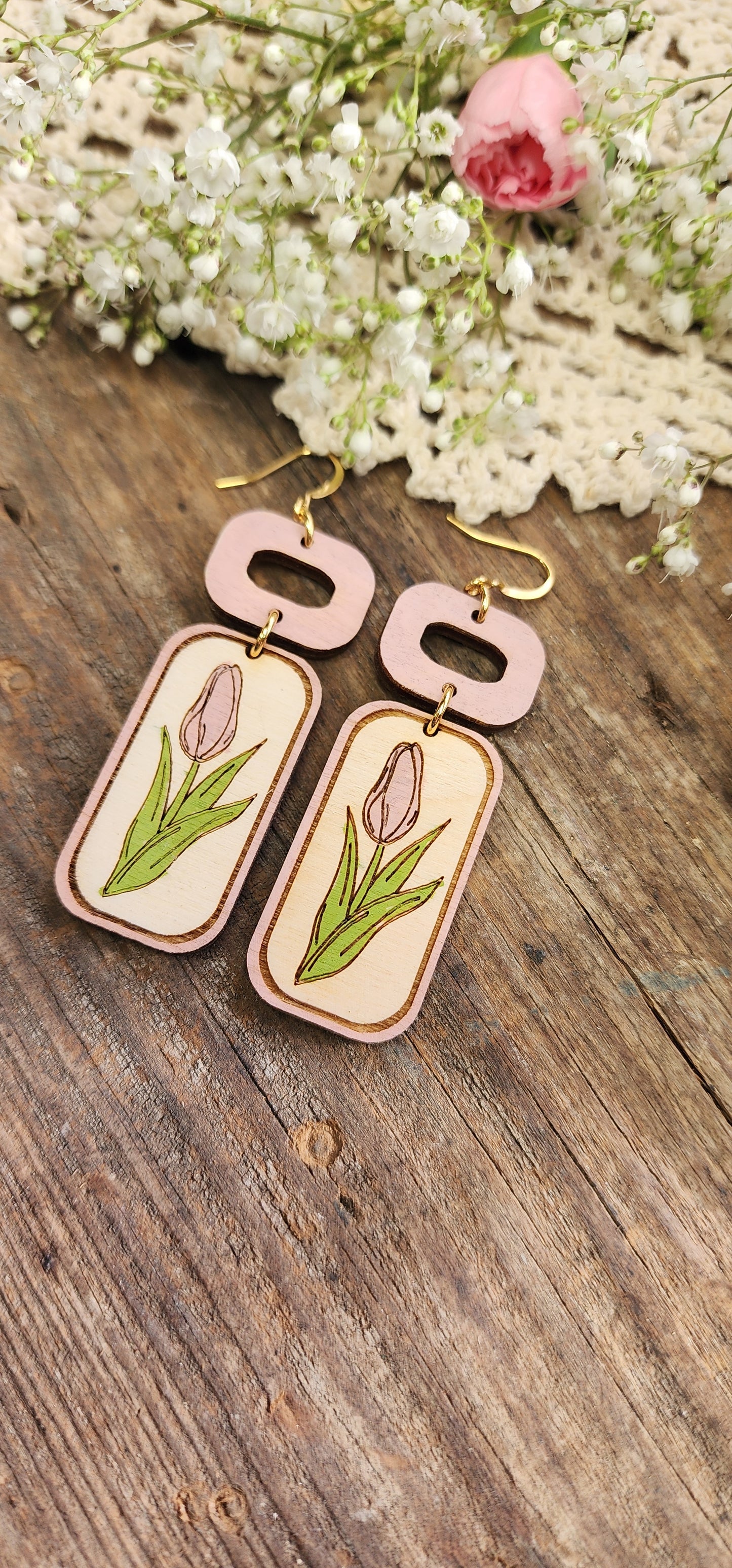 Pink Tulip Drop Earrings, Lightweight Wood Earrings, Spring Jewelry