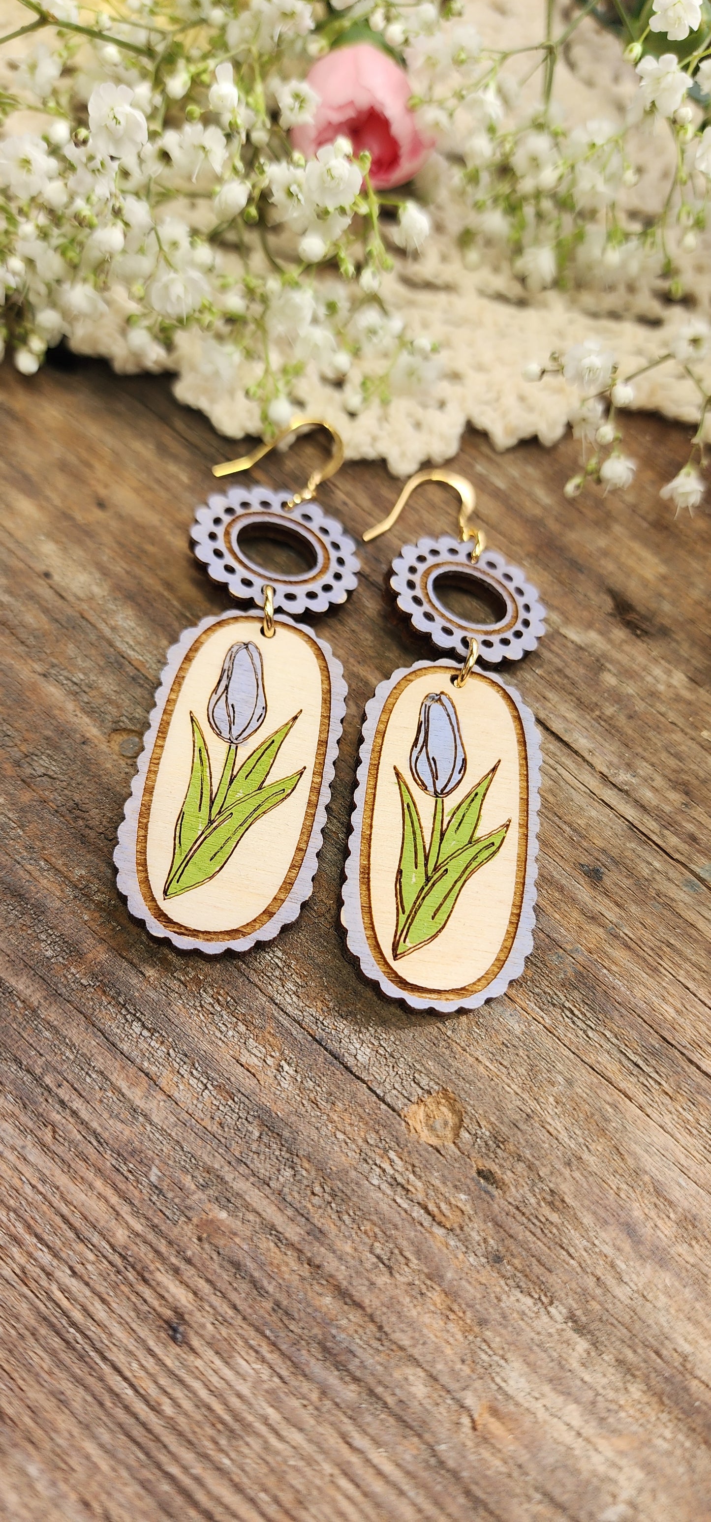 Purple Wood Tulip Earrings