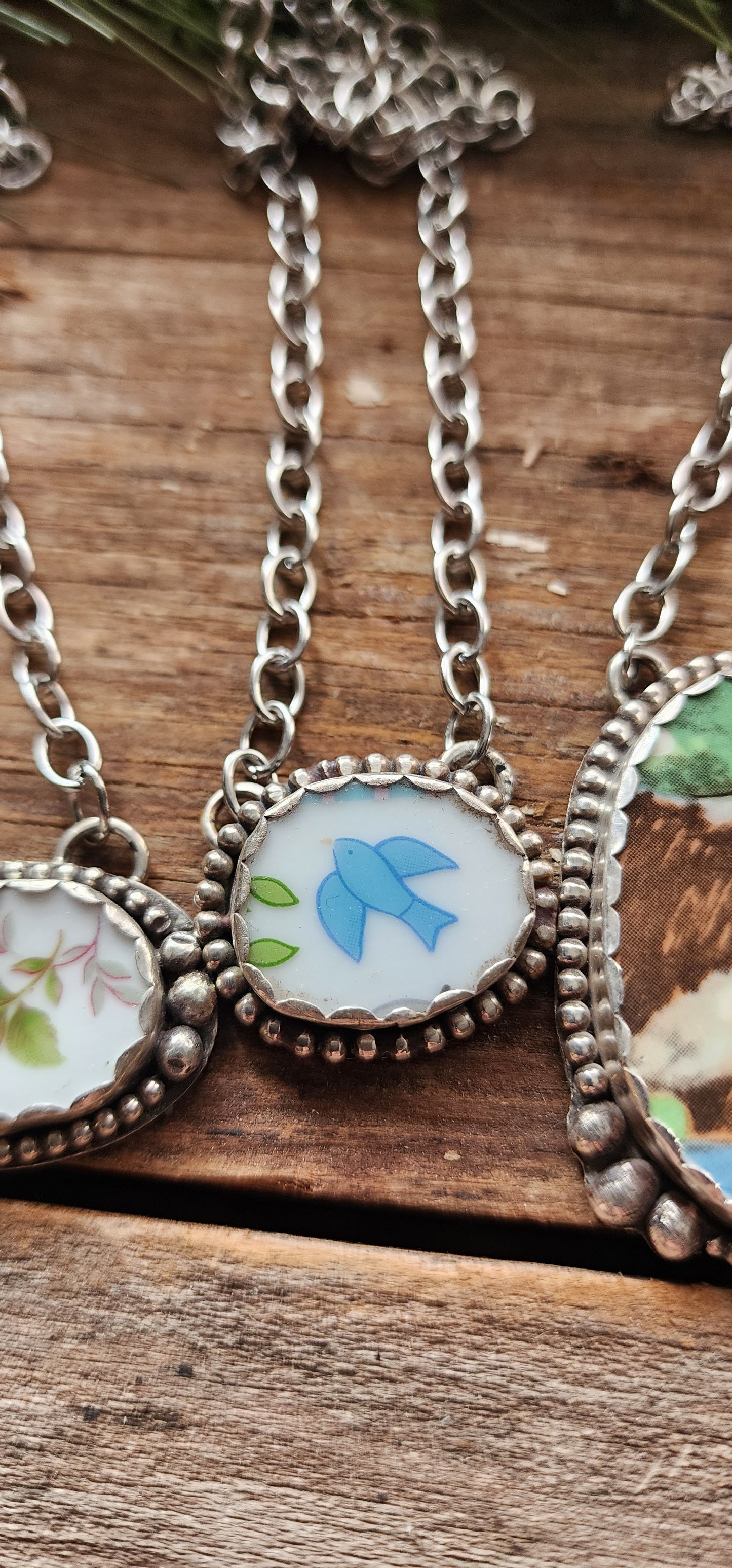 Broken China Jewelry Sterling silver "Bird" Necklace