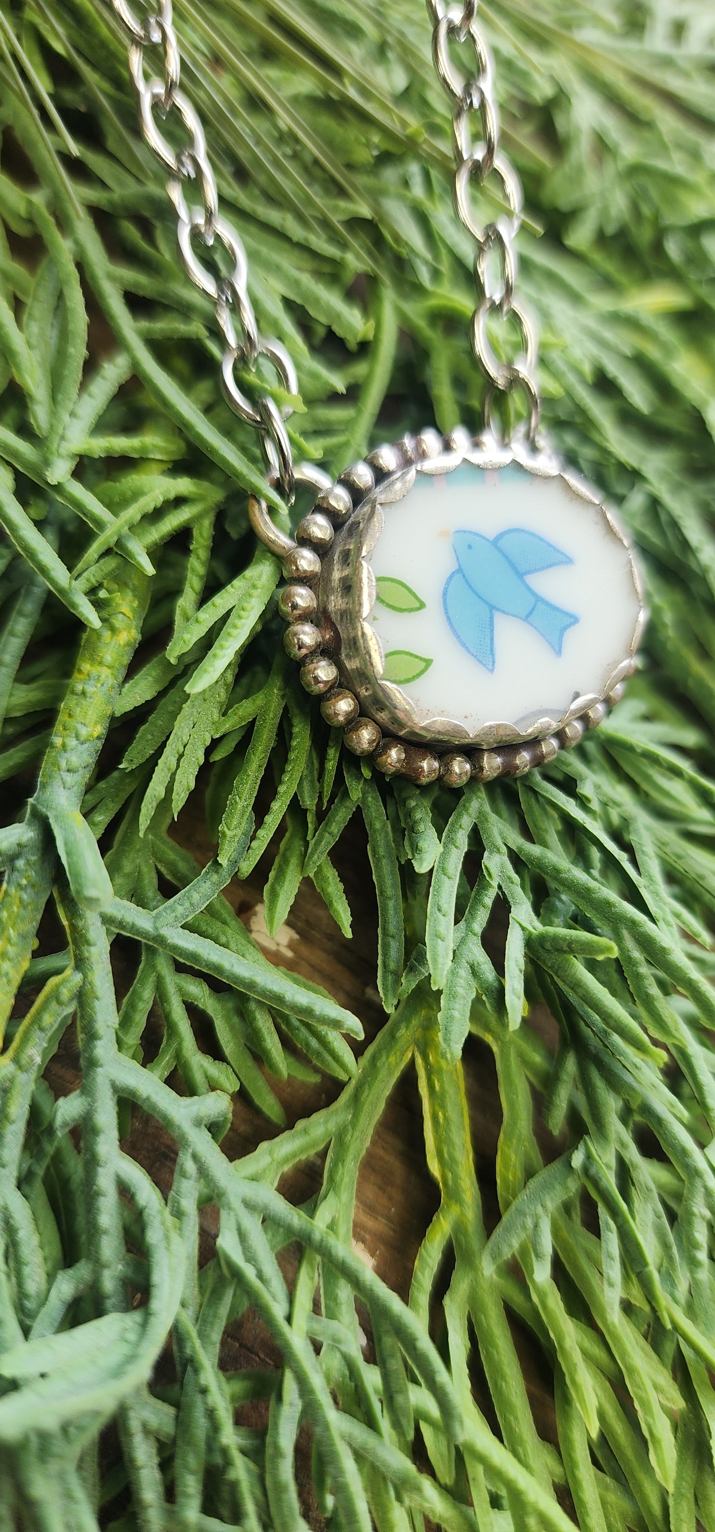 Broken China Jewelry Sterling silver "Bird" Necklace
