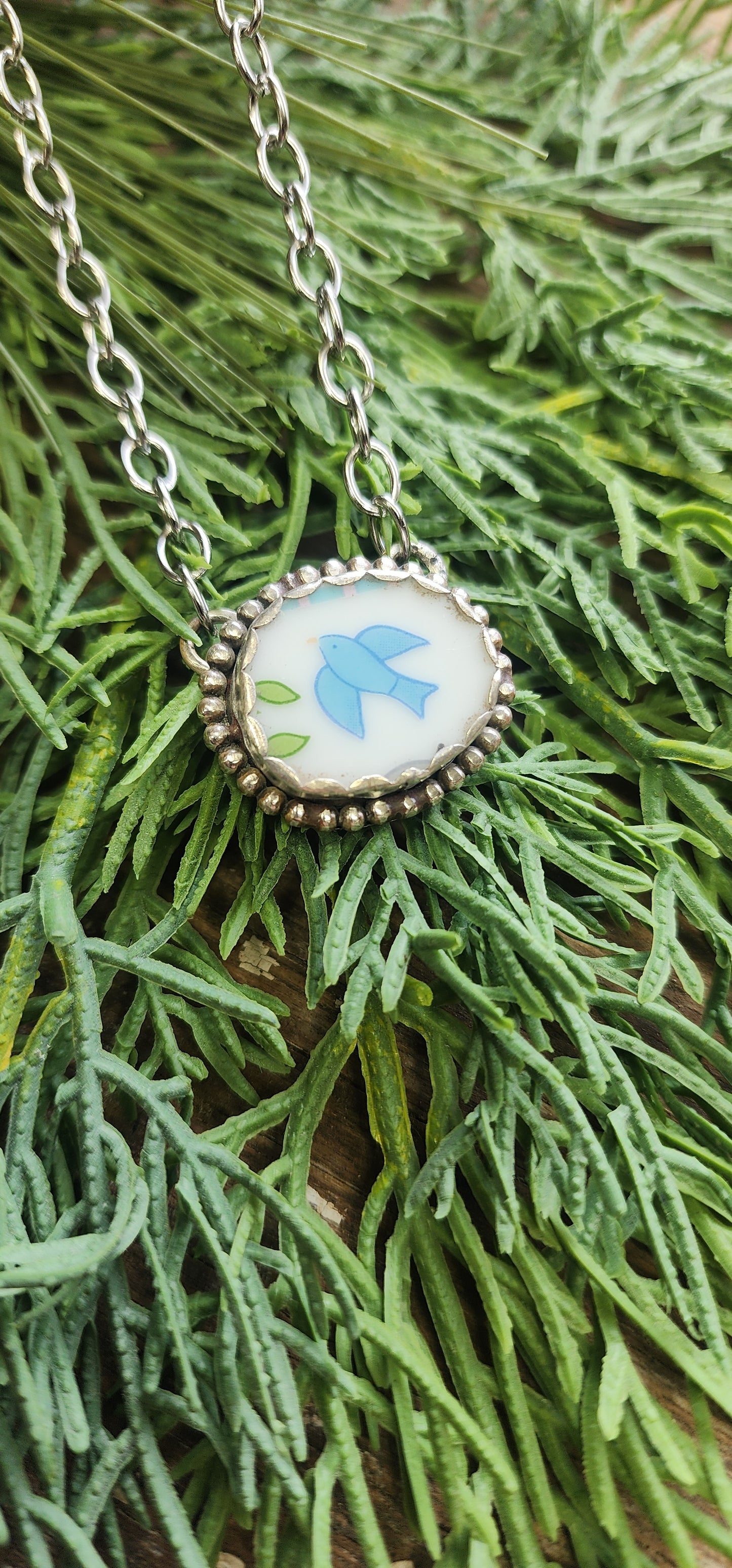 Broken China Jewelry Sterling silver "Bird" Necklace