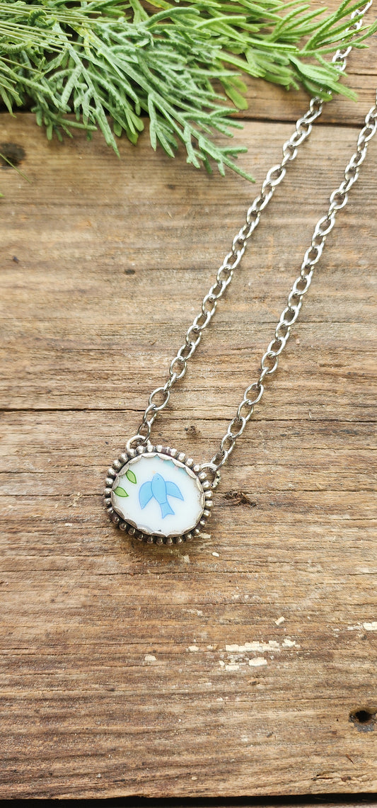 Broken China Jewelry Sterling silver "Bird" Necklace