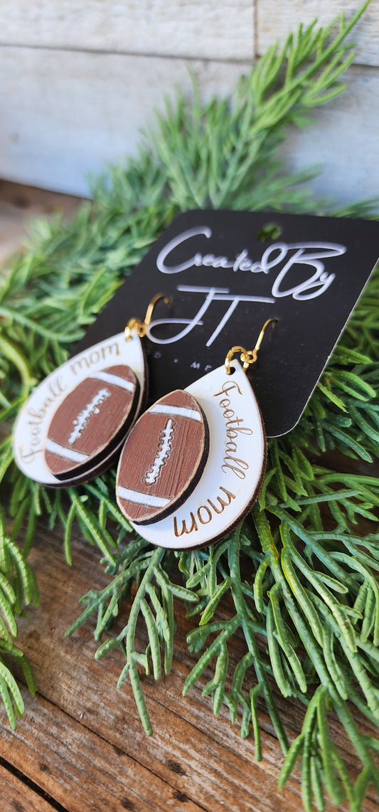 Football Mom Layered Earrings, Wood Football Earrings