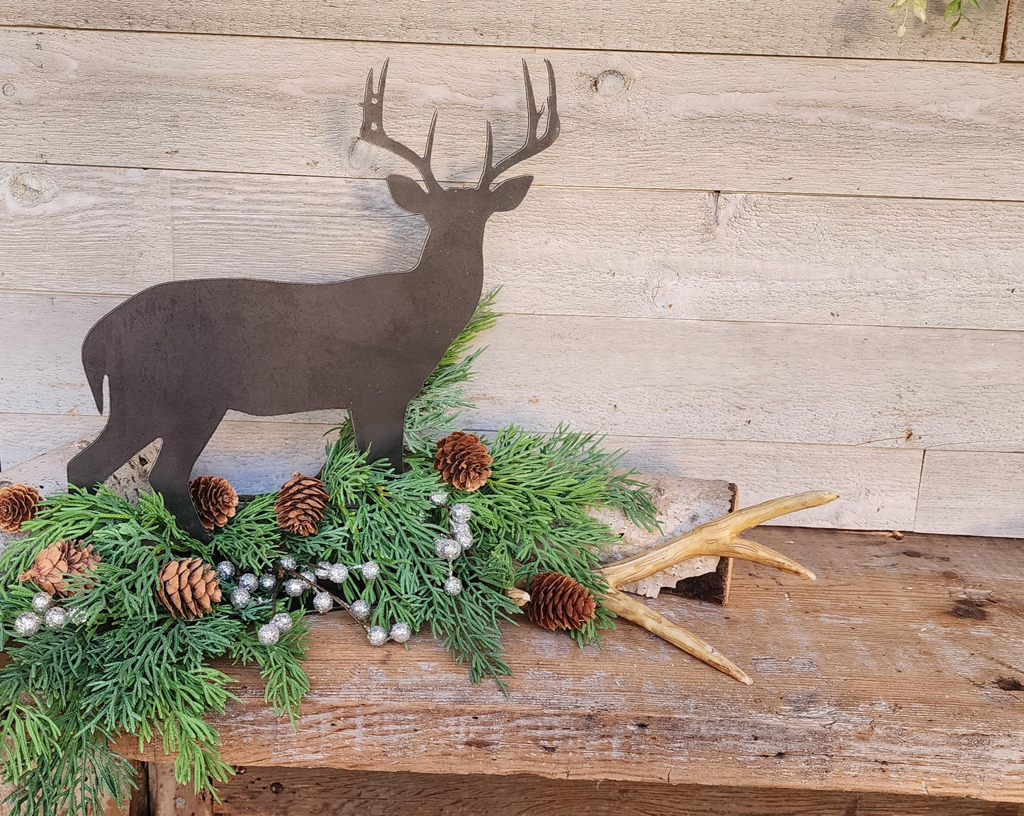 Rustic Steel Deer, Metal Deer Mantel Art, Tabletop Reindeer Art, Winter Deer Decorations, Raw Steel Reindeers, Metal Deer Stands, Metal Art