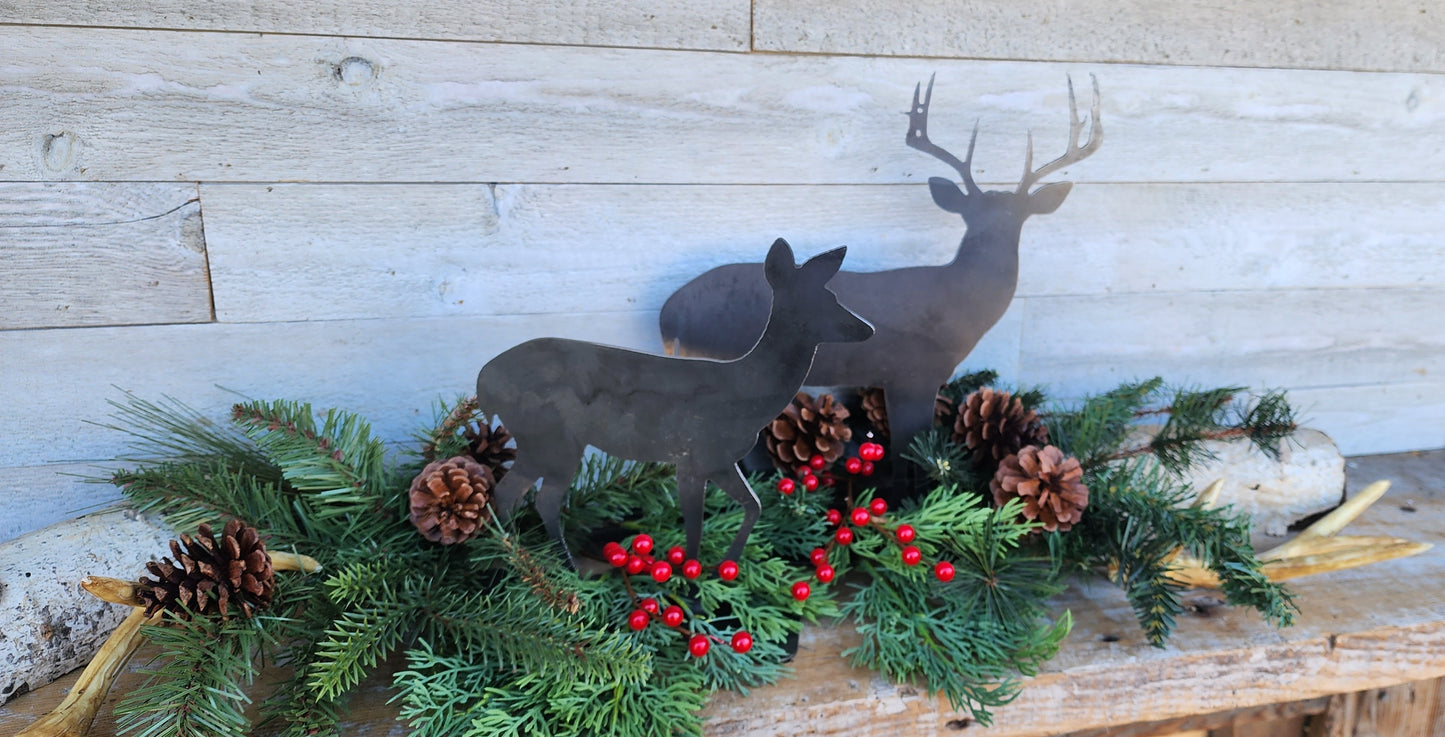 Rustic Steel Deer, Metal Deer Mantel Art, Tabletop Reindeer Art, Winter Deer Decorations, Raw Steel Reindeers, Metal Deer Stands, Metal Art