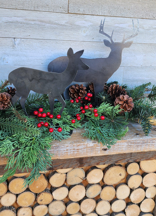 Rustic Steel Deer, Metal Deer Mantel Art, Tabletop Reindeer Art, Winter Deer Decorations, Raw Steel Reindeers, Metal Deer Stands, Metal Art