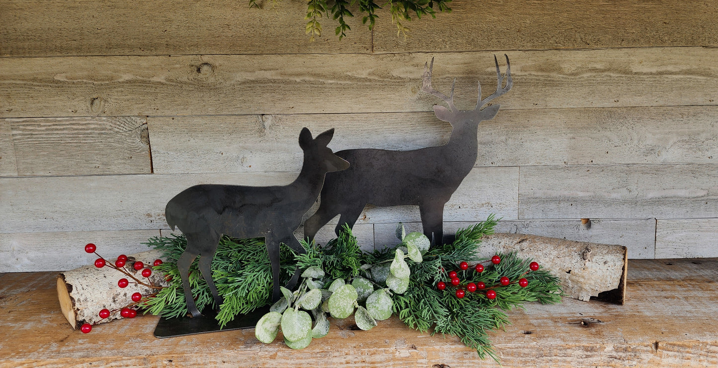 Rustic Steel Deer, Metal Deer Mantel Art, Tabletop Reindeer Art, Winter Deer Decorations, Raw Steel Reindeers, Metal Deer Stands, Metal Art