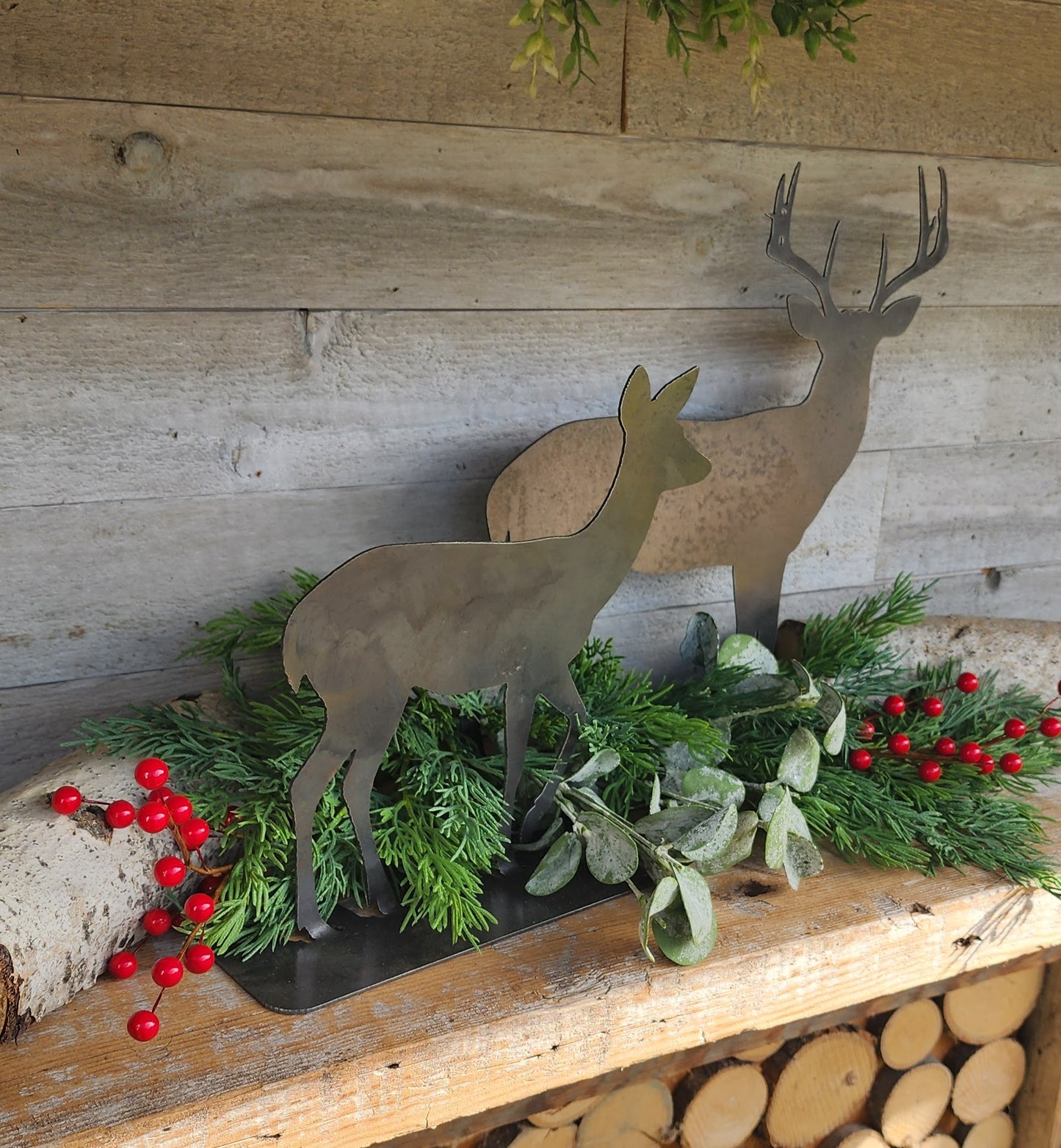 Rustic Steel Deer, Metal Deer Mantel Art, Tabletop Reindeer Art, Winter Deer Decorations, Raw Steel Reindeers, Metal Deer Stands, Metal Art