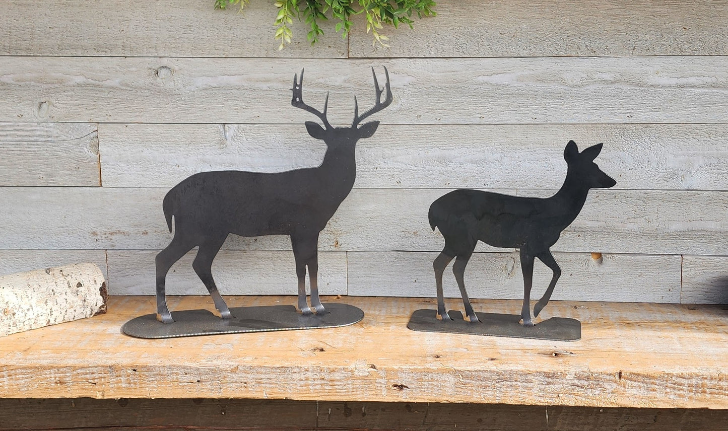 Rustic Steel Deer, Metal Deer Mantel Art, Tabletop Reindeer Art, Winter Deer Decorations, Raw Steel Reindeers, Metal Deer Stands, Metal Art