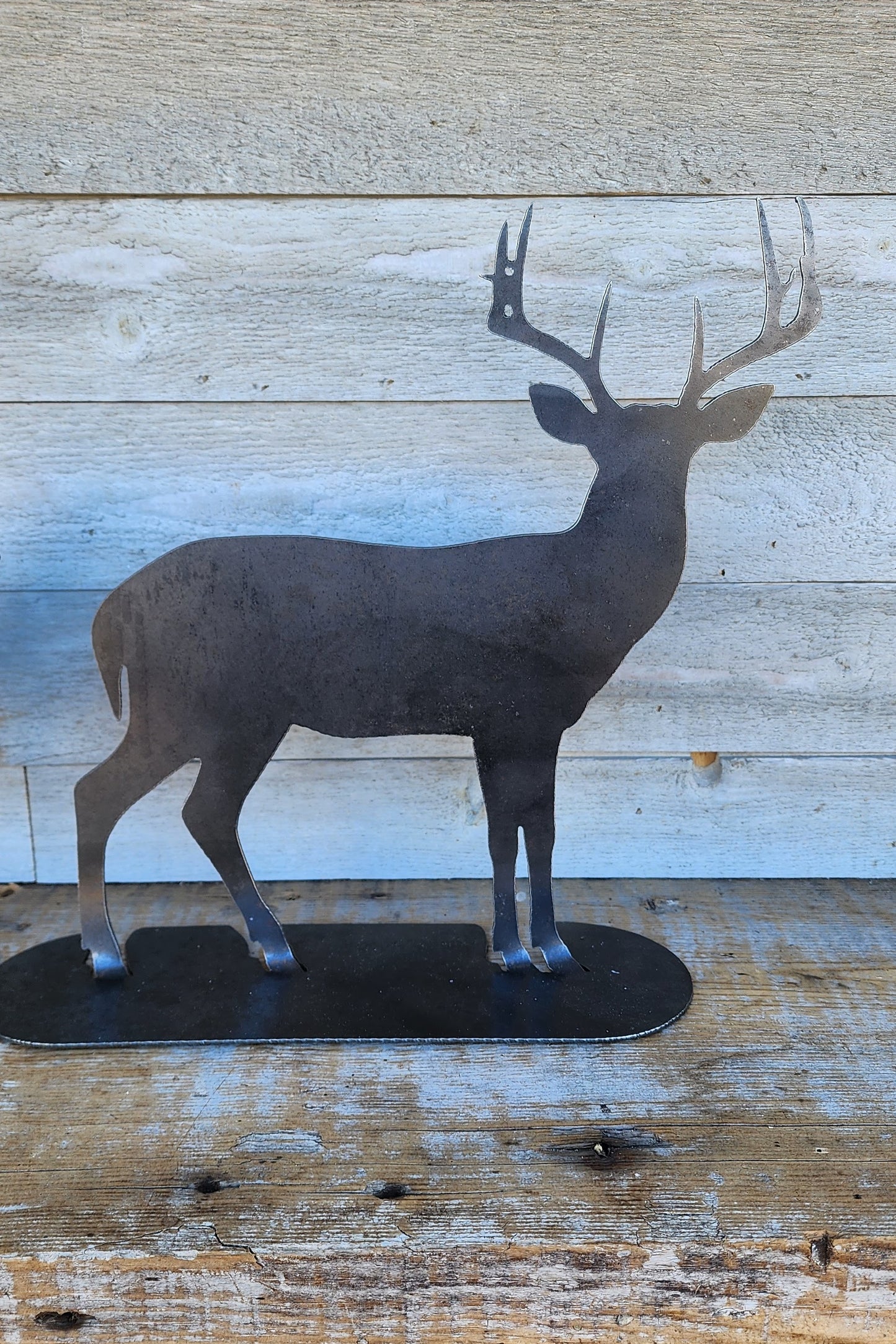 Rustic Steel Deer, Metal Deer Mantel Art, Tabletop Reindeer Art, Winter Deer Decorations, Raw Steel Reindeers, Metal Deer Stands, Metal Art