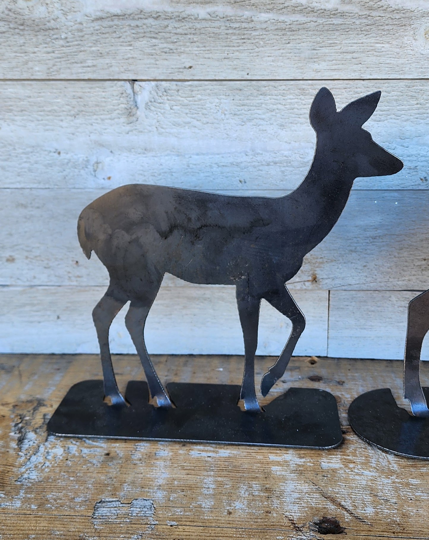 Rustic Steel Deer, Metal Deer Mantel Art, Tabletop Reindeer Art, Winter Deer Decorations, Raw Steel Reindeers, Metal Deer Stands, Metal Art