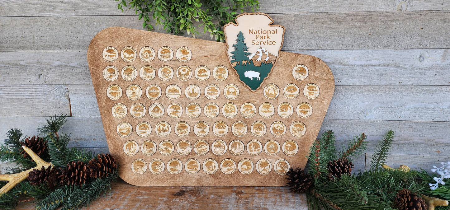 National Park Wooden Coin Tracker, National Parks Travel Tracker, National Parks Marker, US Travel Map, Travel Home Decor