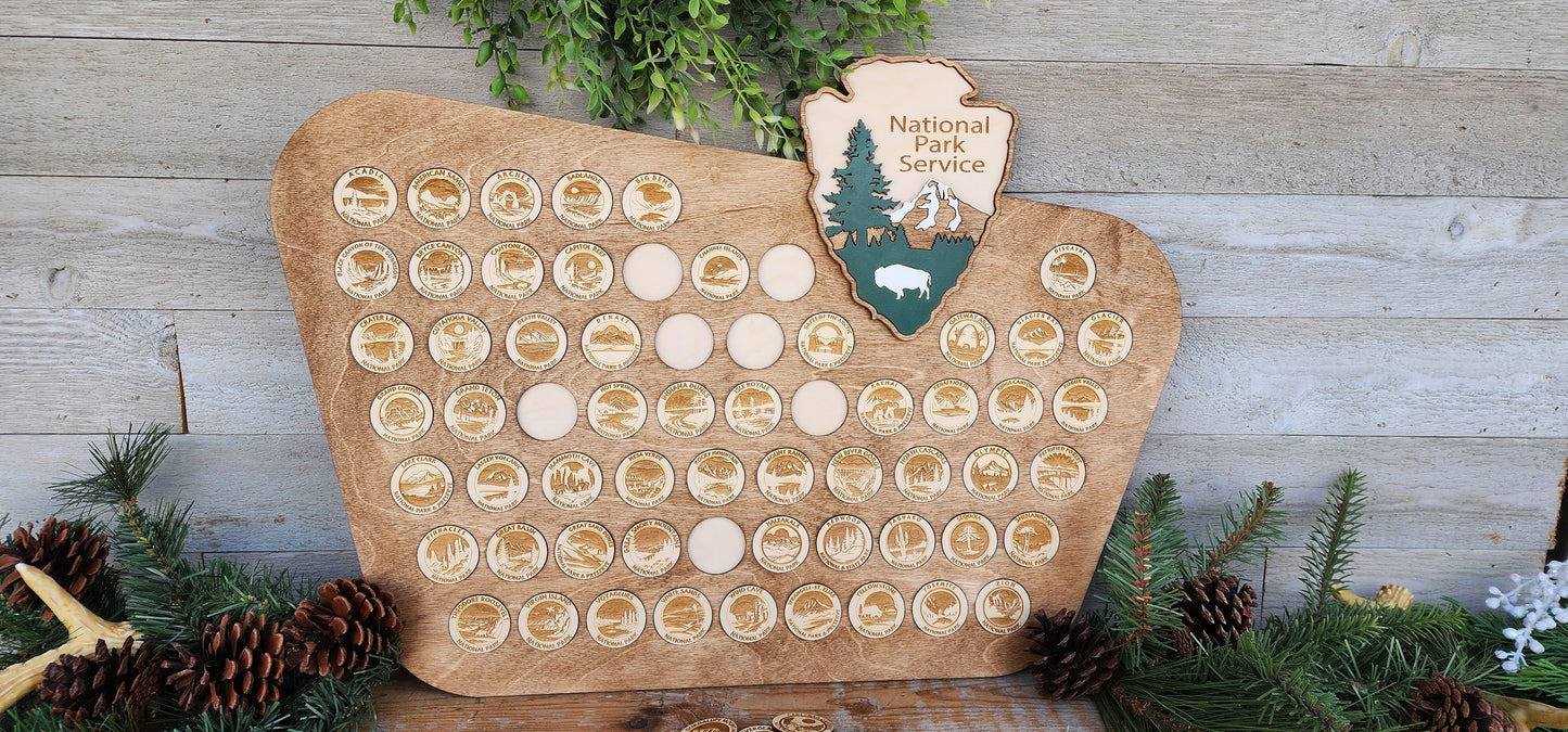 National Park Wooden Coin Tracker, National Parks Travel Tracker, National Parks Marker, US Travel Map, Travel Home Decor