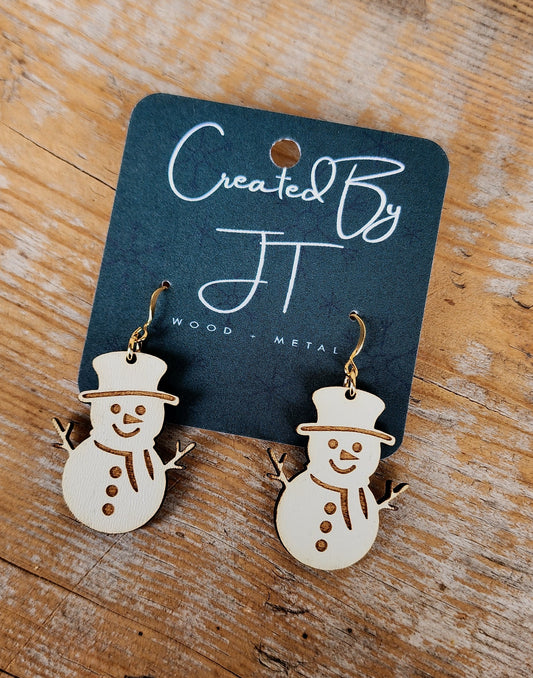 Wood Snowman Earrings, Lightweight Earrings, Winter Earrings, Snowman Jewelry