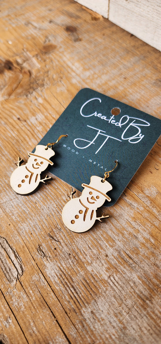 Wood Snowman Earrings, Lightweight Earrings, Winter Earrings, Snowman Jewelry