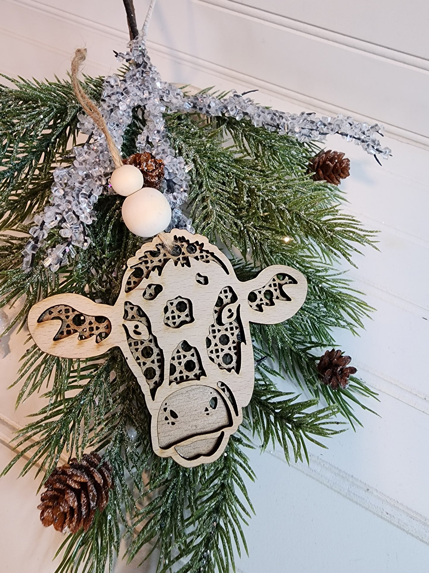 Boho Rattan Christmas Ornaments, Farm Animal Ornaments. Highland Cow, Horse Ornament