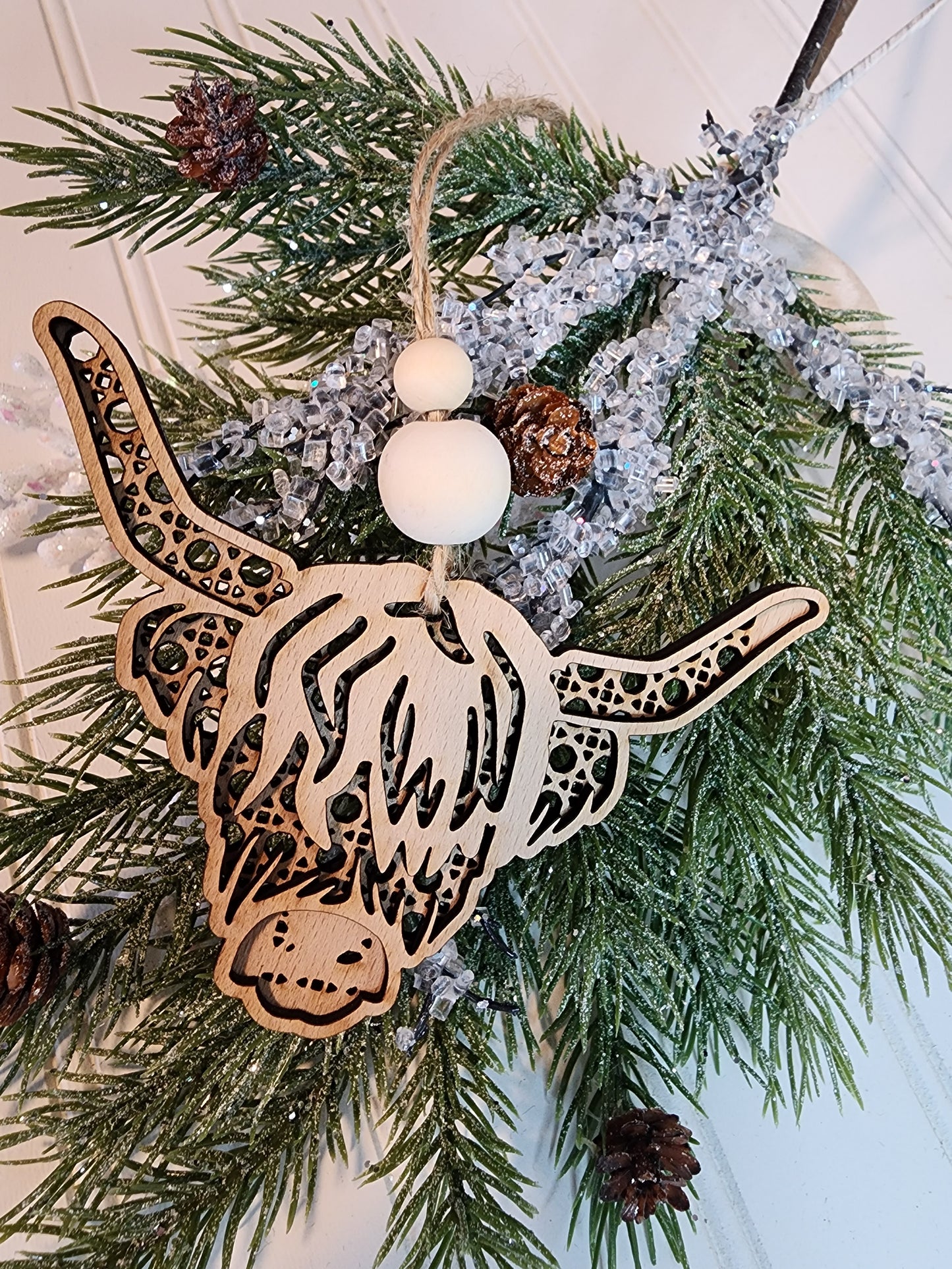 Boho Rattan Christmas Ornaments, Farm Animal Ornaments. Highland Cow, Horse Ornament
