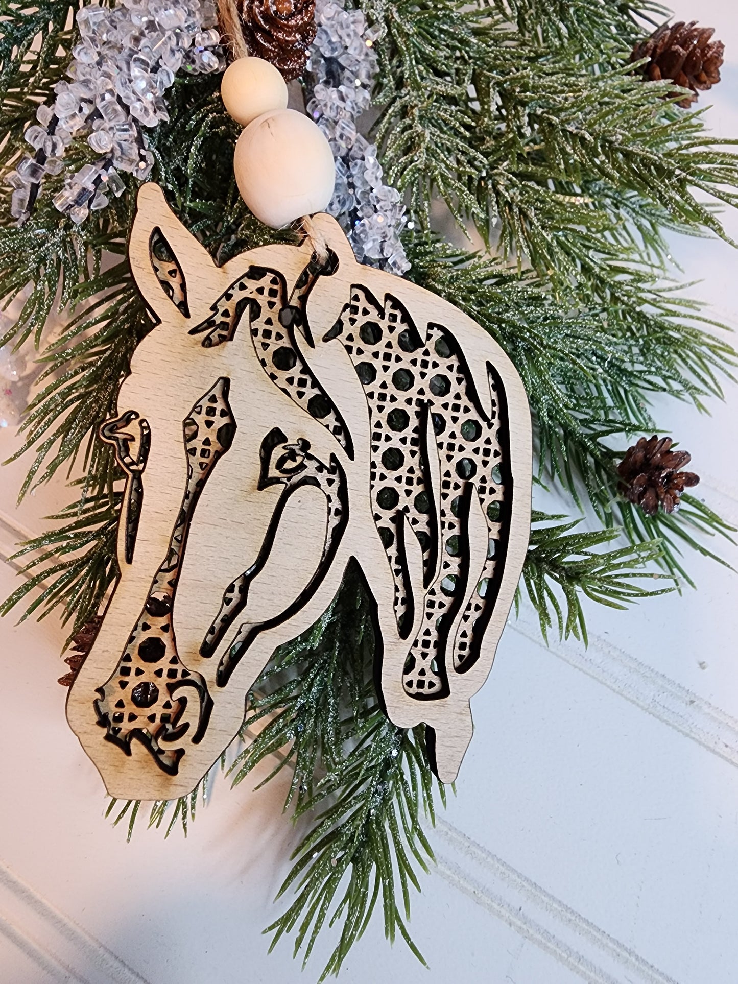 Boho Rattan Christmas Ornaments, Farm Animal Ornaments. Highland Cow, Horse Ornament