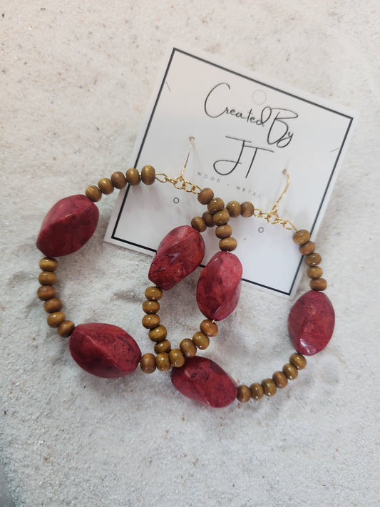Wildflower Hoops With Wood And Red Spiral Beads