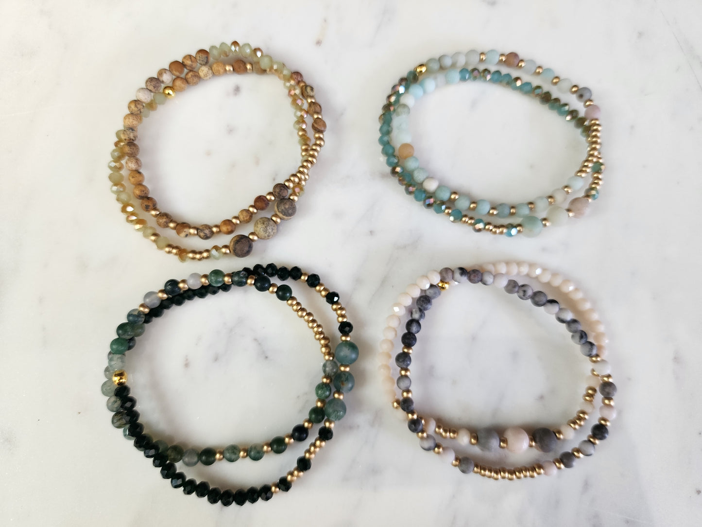 Amazonite Gemstone and Glass Bead Double Wrap Stretch Bracelet