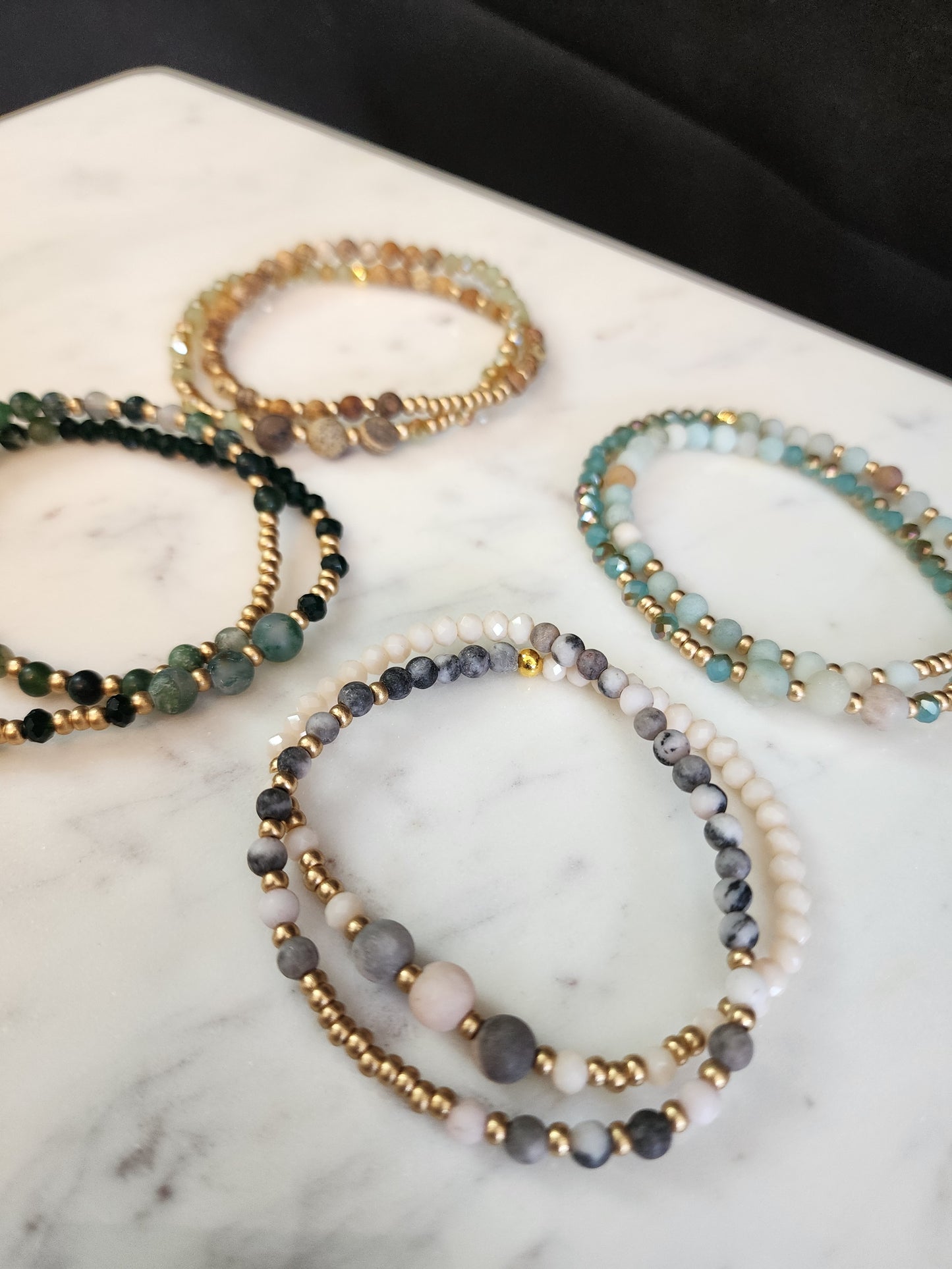 Amazonite Gemstone and Glass Bead Double Wrap Stretch Bracelet
