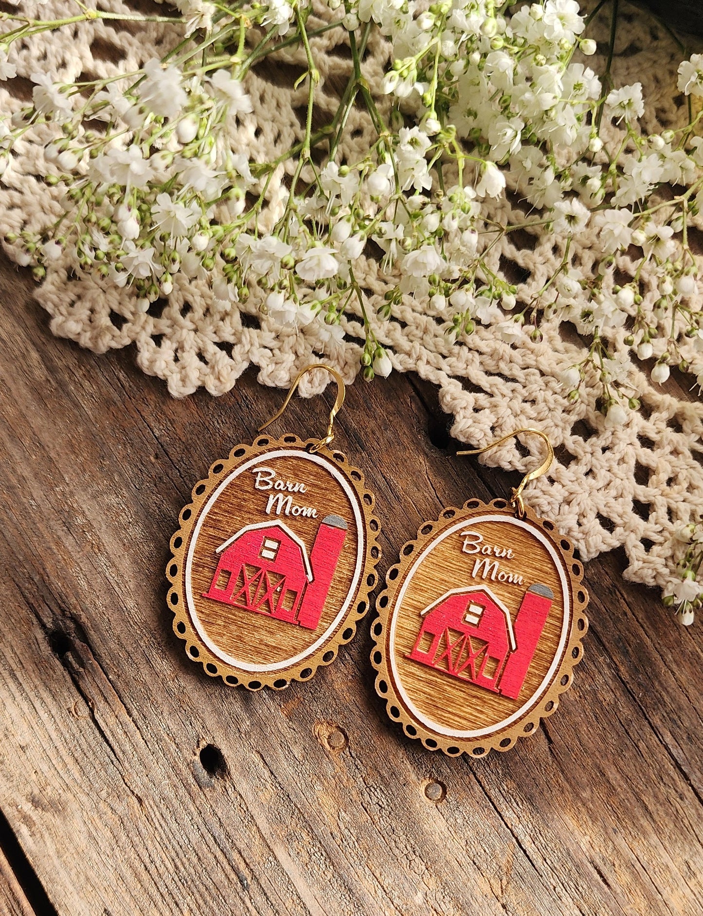 Barn Mom Earrings, Lightweight Wood Earring, Farm Life Jewelry