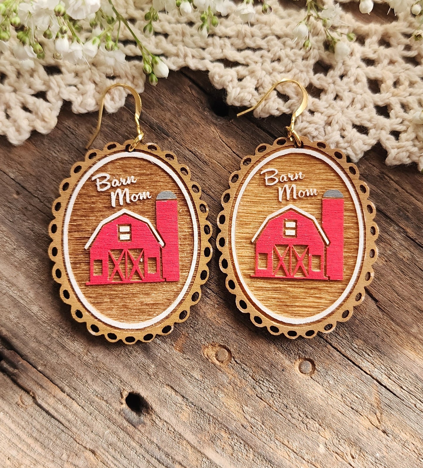 Barn Mom Earrings, Lightweight Wood Earring, Farm Life Jewelry