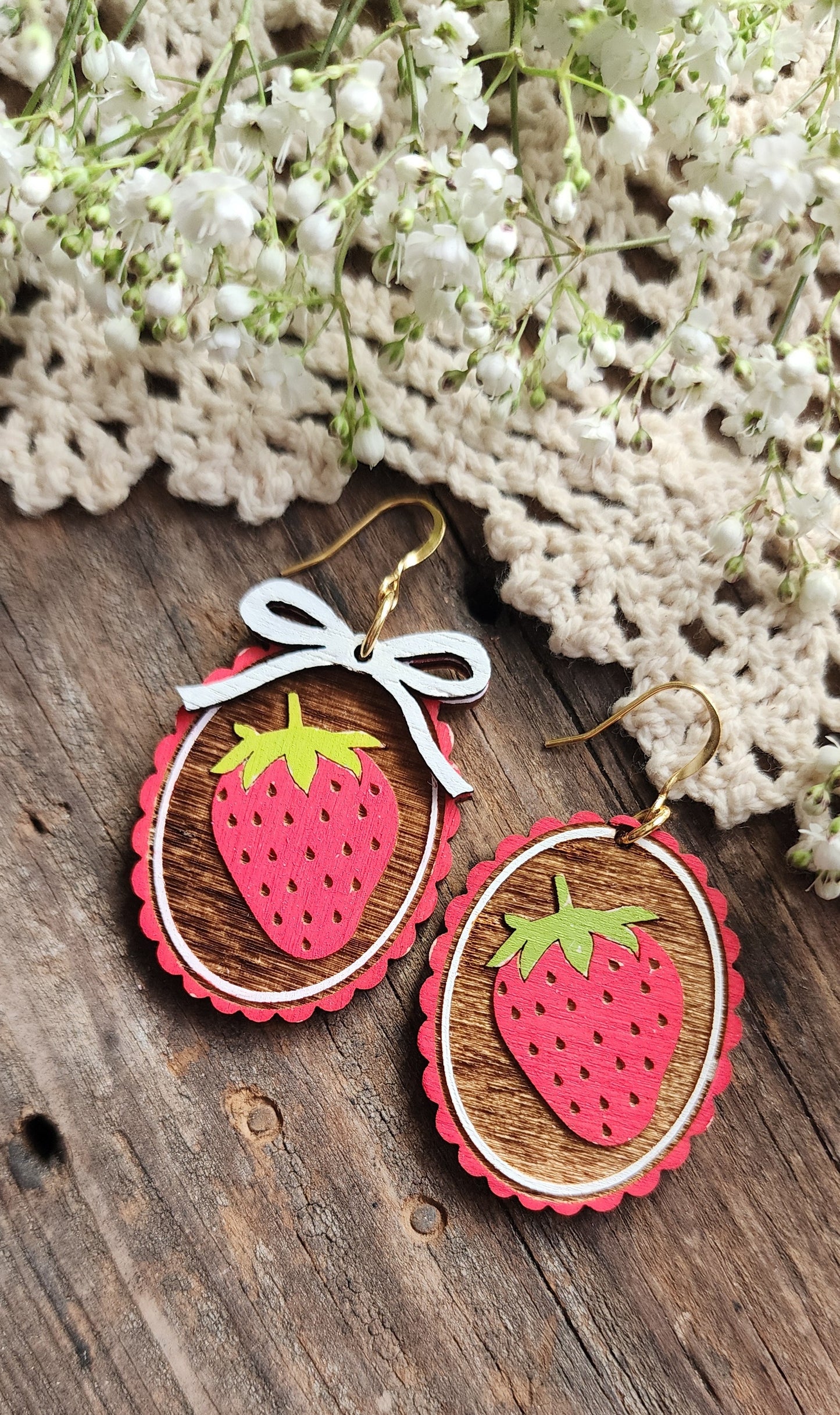 Wood Strawberry Earrings, Spring Earrings, Lightweight Jewelry