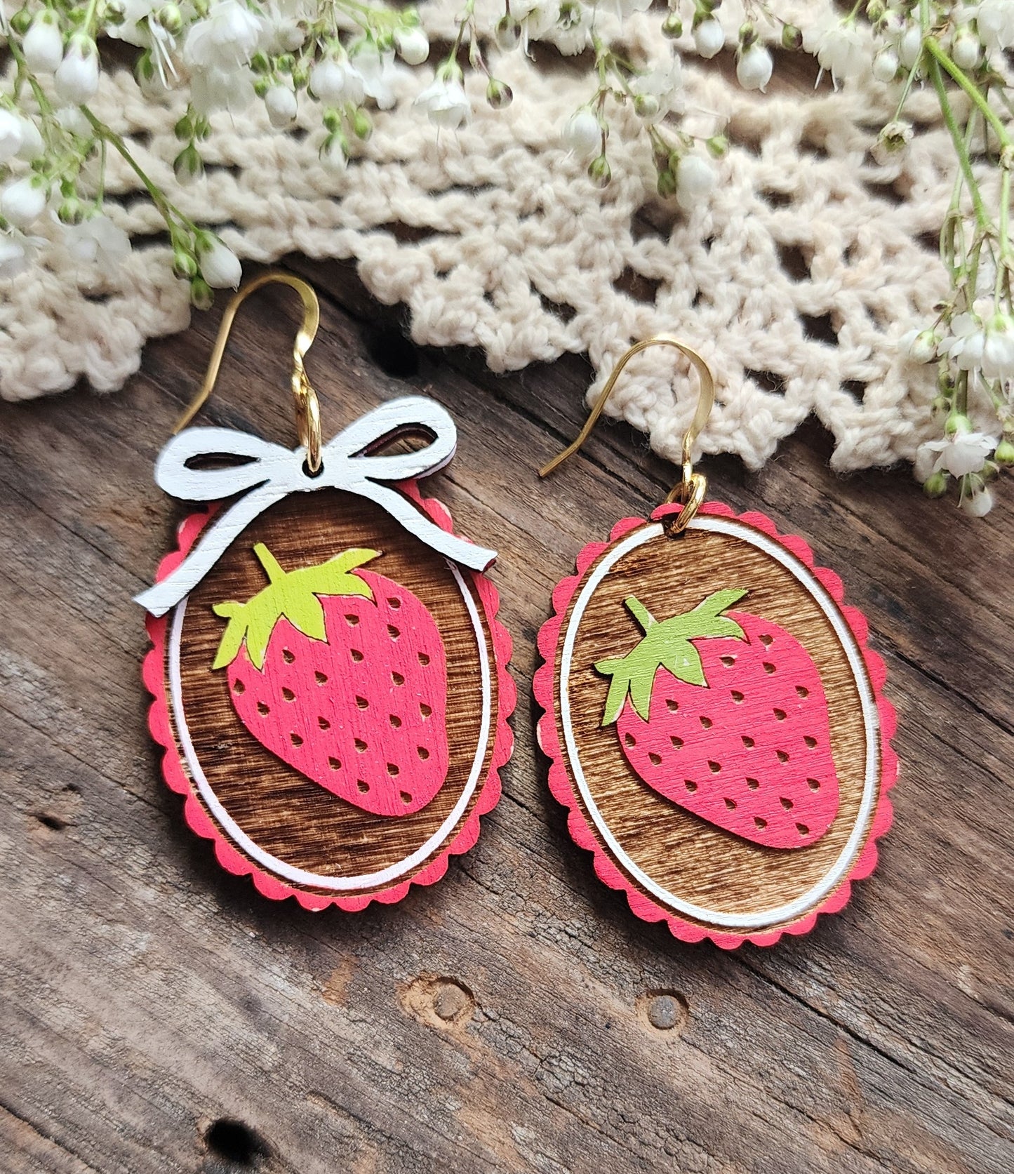 Wood Strawberry Earrings, Spring Earrings, Lightweight Jewelry