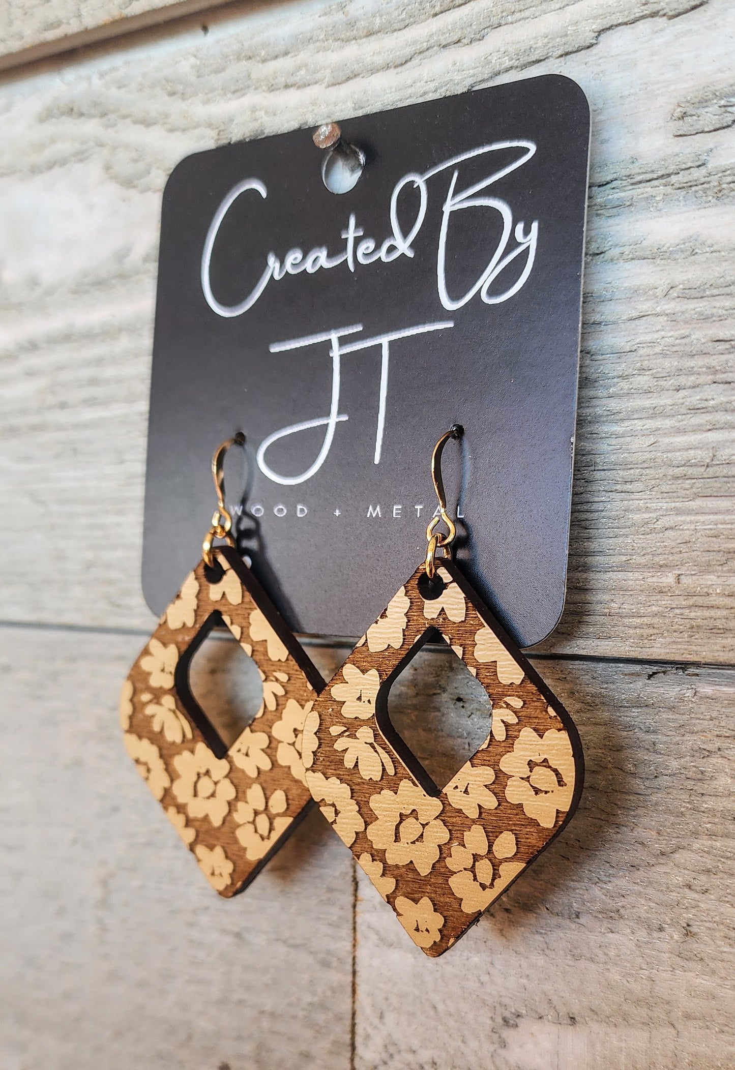 Diamond Tan Flower Wood Earrings