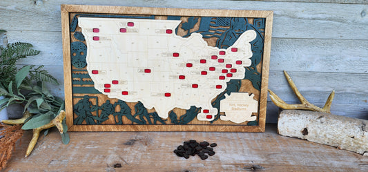 Hockey map, ice hockey arena map, hockey travel map, hockey stadium tracker, hockey arena tracker, gift for hockey lover, gift for men